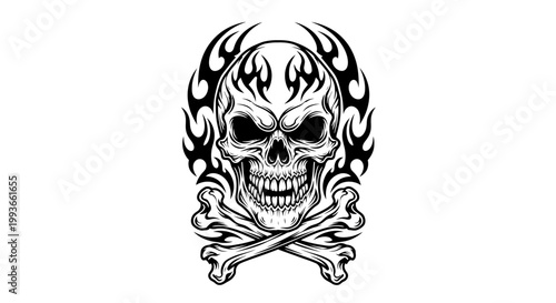 Tribal Skull and Crossbones Tattoo Design with Flames
