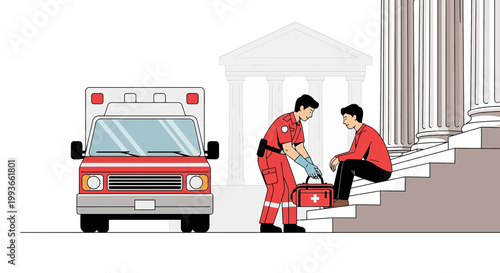 Paramedic assists injured man on courthouse steps with ambulance nearby