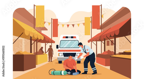 Paramedic assists injured man on street near ambulance, market stalls in background