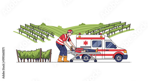 Paramedic assists injured person into ambulance in vineyard, emergency medical service