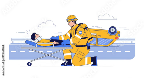 Paramedic Assists Injured Person on Stretcher After Car Accident