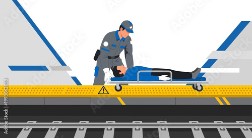 Paramedic assists injured person on stretcher at train station platform, emergency services