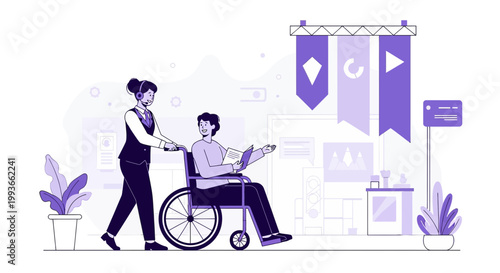 Caregiver Pushing Wheelchair User Through Exhibition, Accessibility Concept
