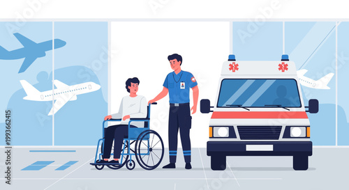Paramedic assists patient in wheelchair at airport with ambulance and planes