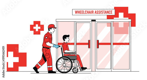 Paramedic Assists Patient in Wheelchair Entering Hospital Entrance with Red Cross Symbols