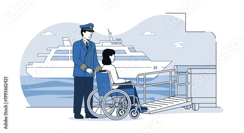 Captain assists passenger in wheelchair boarding ship via ramp, accessible travel concept
