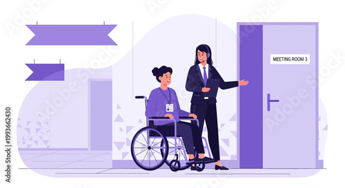 Businesswoman assisting disabled colleague in wheelchair to meeting room