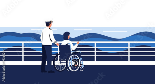 Captain Assists Person in Wheelchair on Cruise Ship Deck Overlooking Ocean
