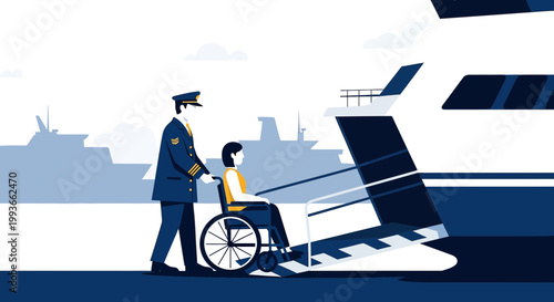 Captain helps passenger in wheelchair board cruise ship, accessibility, travel assistance