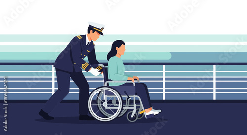 Captain Pushing Woman in Wheelchair on Cruise Ship Deck