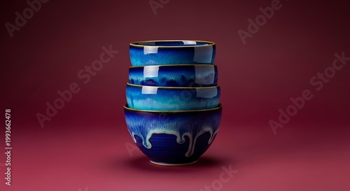 Stacked Blue Ceramic Bowls on a Burgundy Surface, Artistic and Decorative.