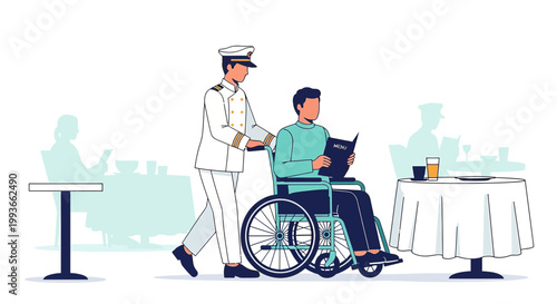 Captain Pushing Man in Wheelchair in Restaurant, Menu Reading