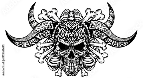 Tribal Skull Tattoo Design with Horns and Bones, Black and White