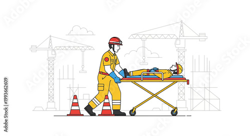 Construction worker injured, rescuer transports patient on stretcher at building site with cranes