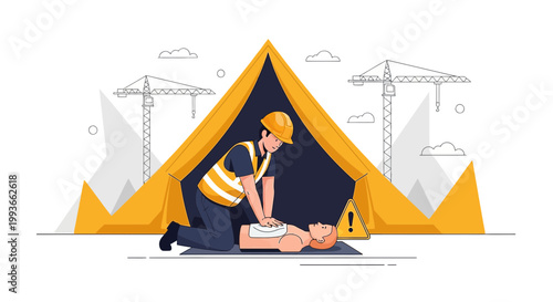 Construction worker performing CPR on a colleague at a worksite, emergency response concept.