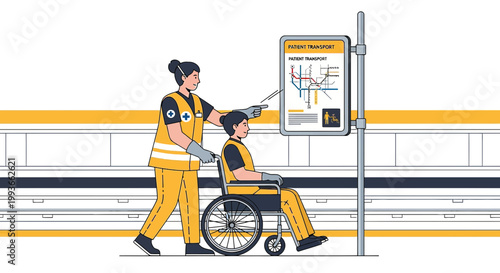 Caregiver Assists Person in Wheelchair Viewing Public Transport Map