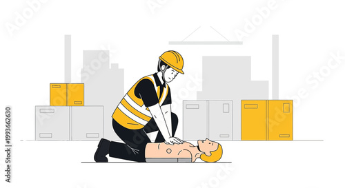 Construction worker performing CPR on a colleague in a warehouse setting