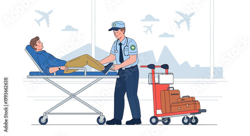 Paramedic assists patient on stretcher at airport with luggage cart and planes in background