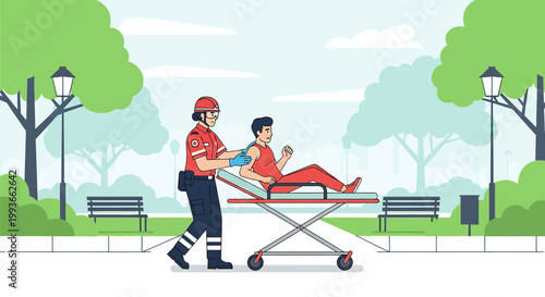 Paramedic assists patient on stretcher in park, emergency response and healthcare concept