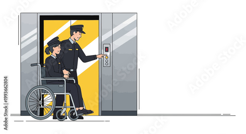 Caregiver helps disabled person in wheelchair enter elevator, accessible transport concept
