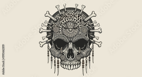 Tribal Skull With Bones And Ornaments - Vector Illustration
