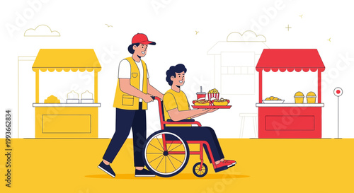 Caregiver helps disabled person in wheelchair with food at outdoor food stalls