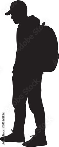 Silhouette of person wearing cap and backpack, walking, looking down, side view, casual attire, isolated graphic element.