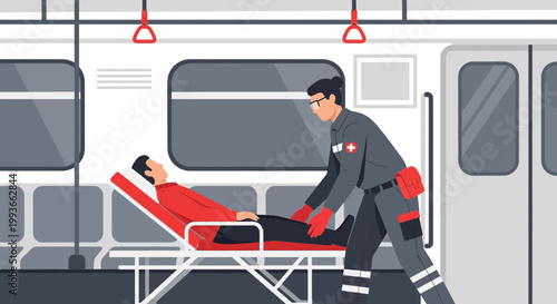 Paramedic assists patient on stretcher inside subway train, emergency medical transport