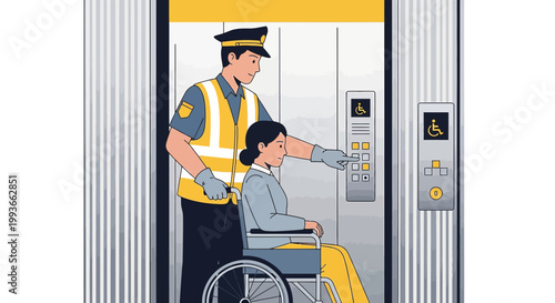 Caregiver helps disabled woman in wheelchair board elevator, accessibility concept