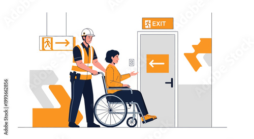 Caregiver helps disabled woman in wheelchair towards emergency exit, safety and accessibility