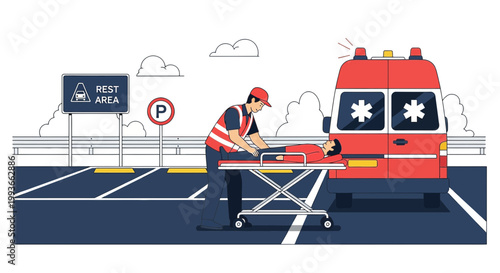 Paramedic assists patient on stretcher near ambulance at rest area, emergency medical services concept.