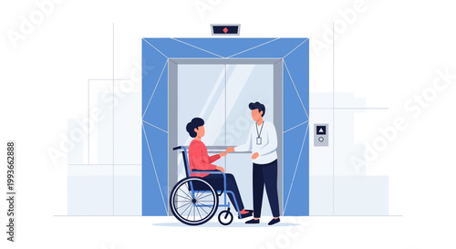 Caregiver helps person in wheelchair enter elevator, accessibility and support concept