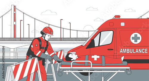 Paramedic assists patient onto stretcher next to ambulance, bridge background