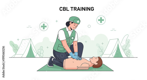 CBL Training: CPR Manikin Practice with Medical Tents and Cross Symbols