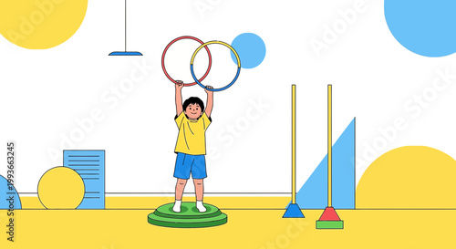 Child Exercising with Hula Hoops in a Playful Gym Setting