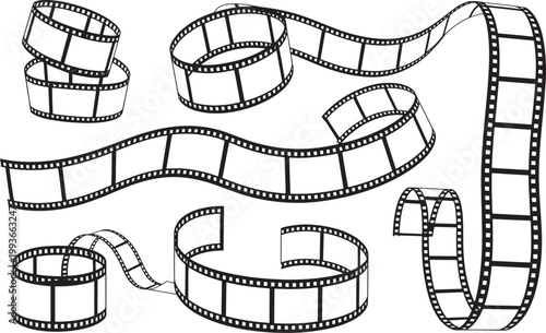 Curling film strips and reels, black and white, isolated on a checkered background, cinema.
