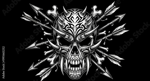 Tribal Skull with Crossed Arrows and Bones, Dark Fantasy Art
