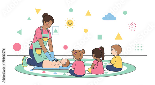 Childcare Provider Teaches First Aid to Toddlers with CPR Manikin