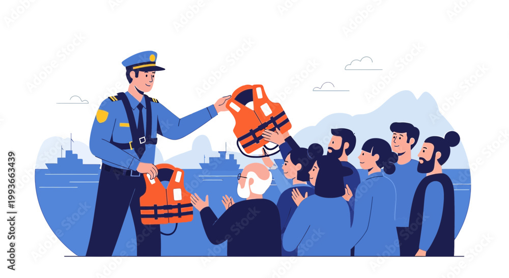 Fototapeta premium Coast Guard Officer Distributes Life Jackets to Refugees Arriving by Boat