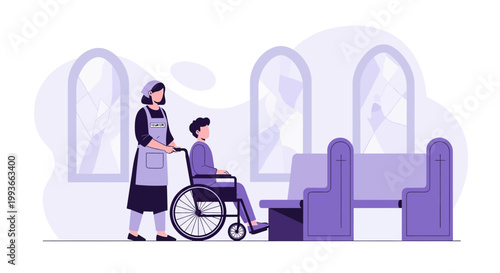 Caregiver Pushing Wheelchair Person Towards Church Pew, Religious Accessibility Concept