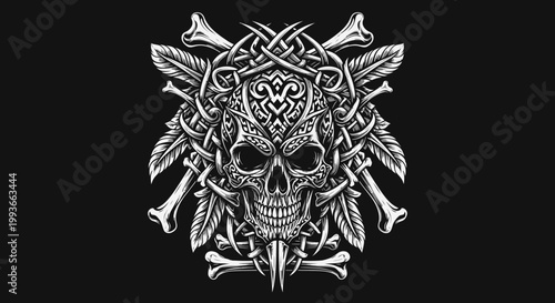 Tribal Skull with Feathers and Bones Emblem - Viking Warrior Art
