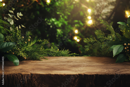 Wooden tabletop with lush green foliage and warm glowing lights in forest setting. Natural composition with soft bokeh, cozy, organic atmosphere, for product display, seasonal design, eco branding