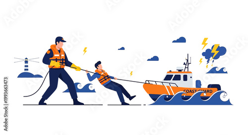 Coast Guard Rescue: Rescuer Pulls Boat to Safety Amidst Stormy Seas
