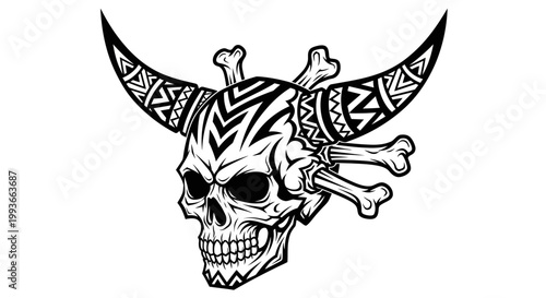 Tribal Skull with Horns and Crossbones - Tattoo Design