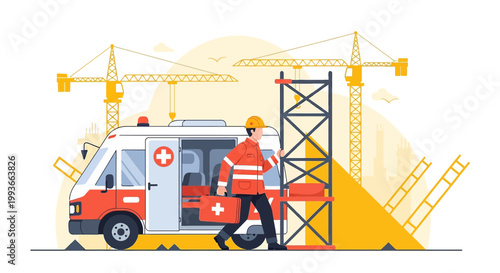 Construction Site Emergency: Paramedic with First Aid Kit Arriving at Ambulance