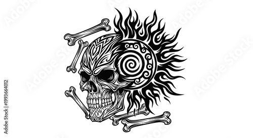 Tribal Skull with Sun and Bones - Black and White Tattoo Design