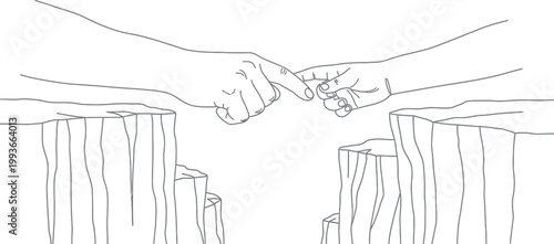 Two hands reaching across a chasm, fingers touching, creating a bridge symbolizing connection and overcoming obstacles together.