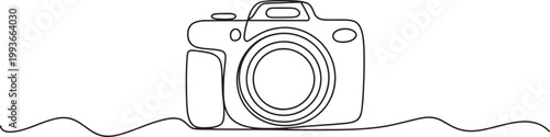 Professional photo camera continuous line art illustration for photography studio or creative logo.