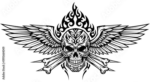 Tribal Skull with Wings and Flames Tattoo Design Vector Art