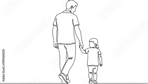 Minimalist line art illustration of a father and child walking hand in hand forward into the future together as a family unit.